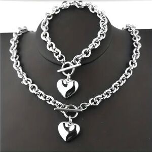 Stunning Stainless Steel Heart Pendant Necklace & Bracelet Set